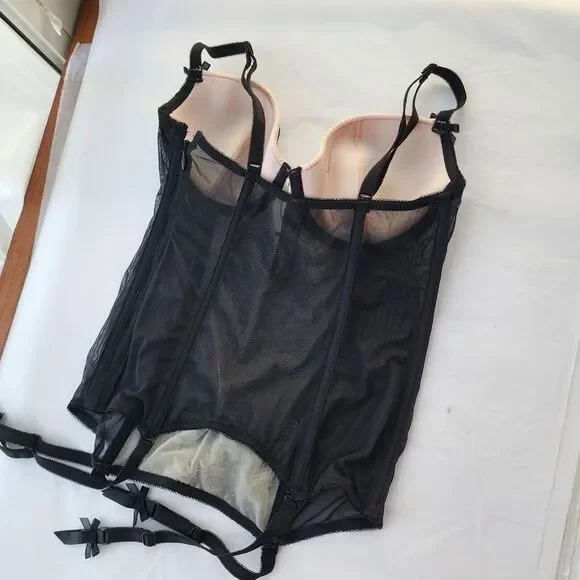 victoria’s Secret black Pink lace teddy lingerie 34B Corset Bustier Coquette Bow - Picture 6 of 11
